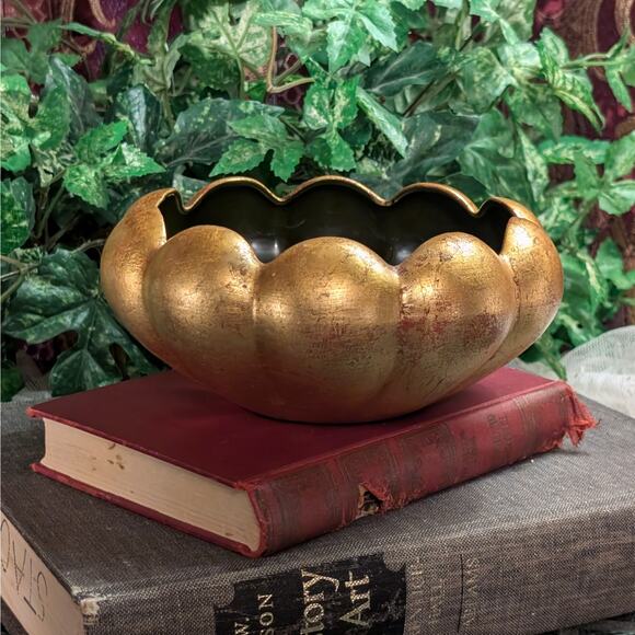 7" Round Vintage Hollywood Regency Gold Gilt Lotus Bowl by Freeman McFarlin USA - Picture 1 of 7